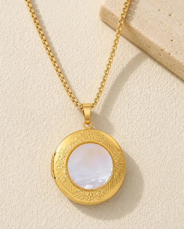 Collier Médaillon Rond en Nacre pour 1 Photo, Médaillon Vintage à Motif Floral en Or, Cadeau pour Maman