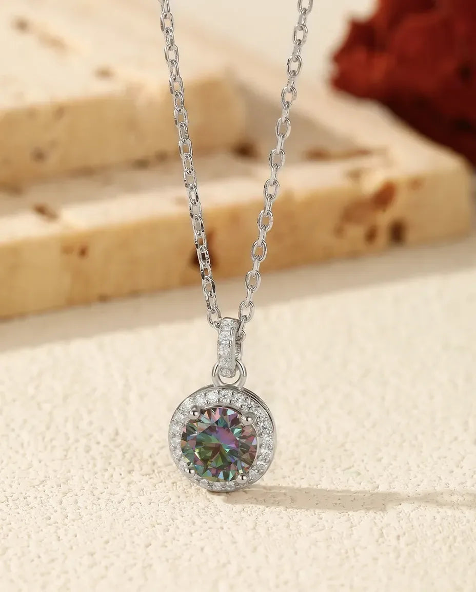 Collier moissanite couleur changeante 1 ct – pendentif halo bleu paon en argent 925, chaîne 40+5 cm