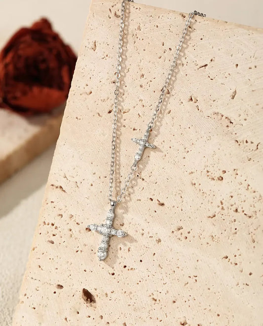Collier Moissanite Double Croix - Pendentif croix pavée et croix horizontale sur chaîne, argent 925, 40+5 cm