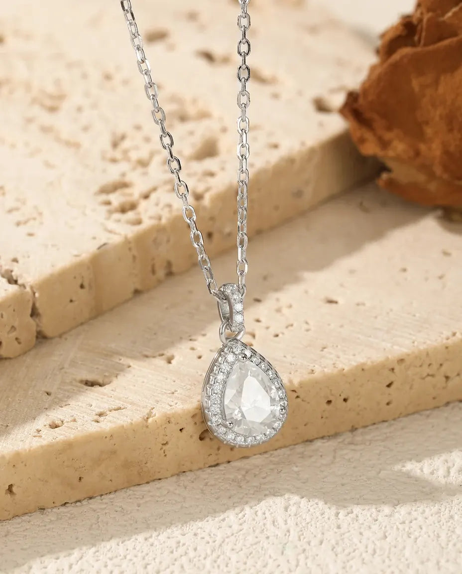 Collier moissanite poire 1,2 ct – pendentif halo en argent 925, pierre couleur D de 6 x 8 mm, chaîne 40+5 cm