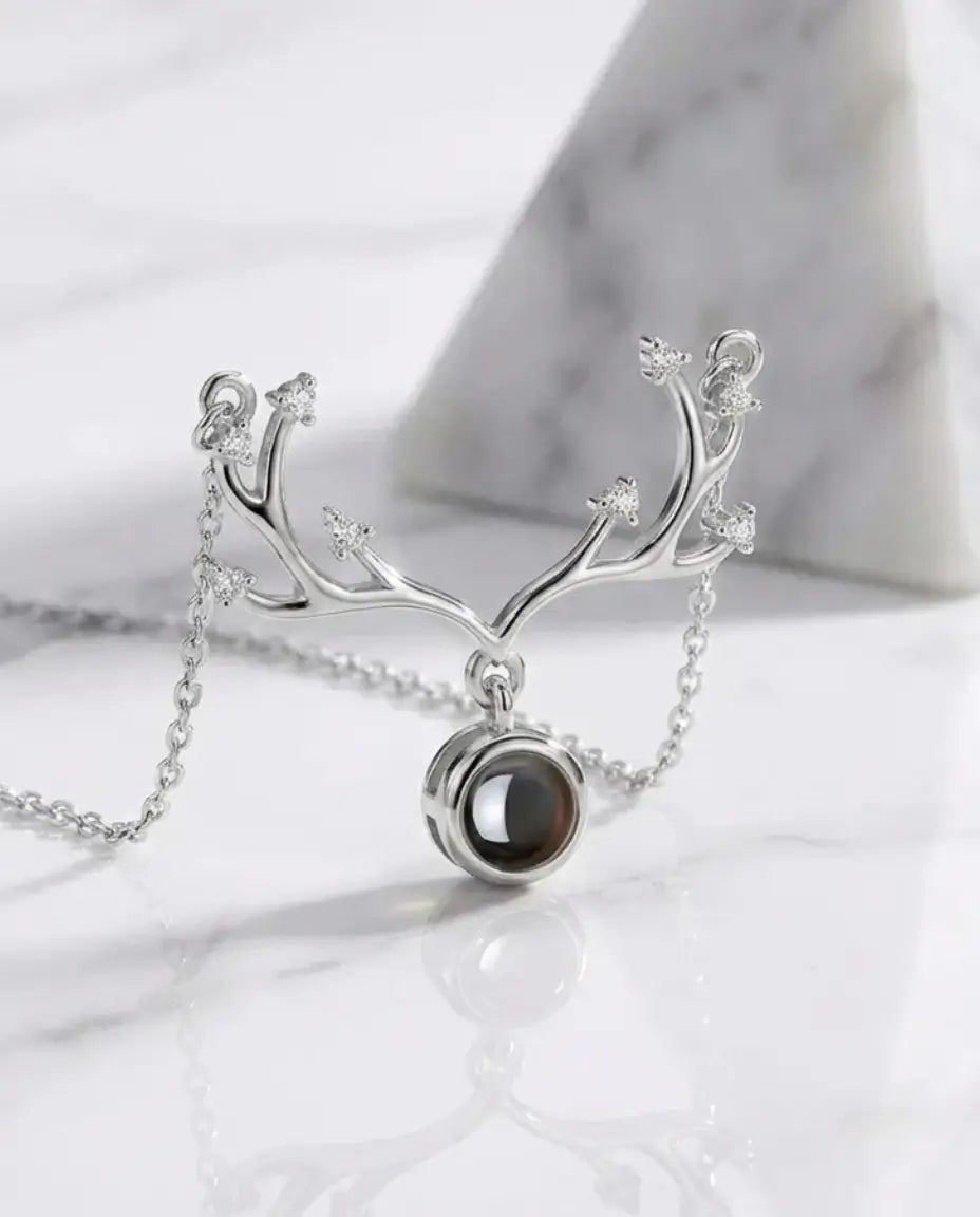 Collier avec Photo – Pendentif Bois de Cerf en Argent Sterling 925, Photo Cachée dans la Pierre, Cadeau Souvenir pour Elle