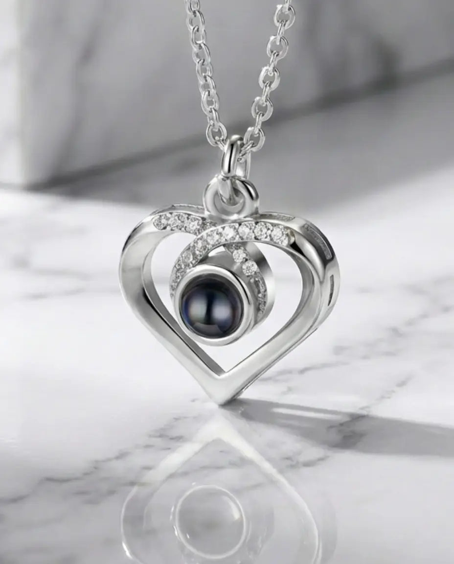 Collier avec Photo – Pendentif Cœur et Symbole Infini, Photo Cachée dans la Pierre, Cadeau pour Elle