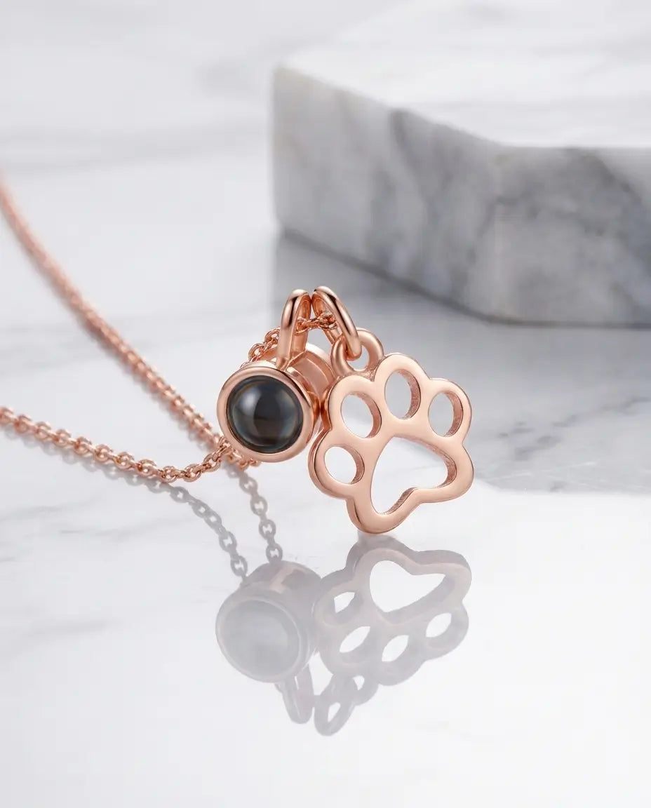 Collier Photo – Pendentif Patte avec photo de votre animal cachée dans la pierre, bijou souvenir chien et chat, cadeau pour Elle