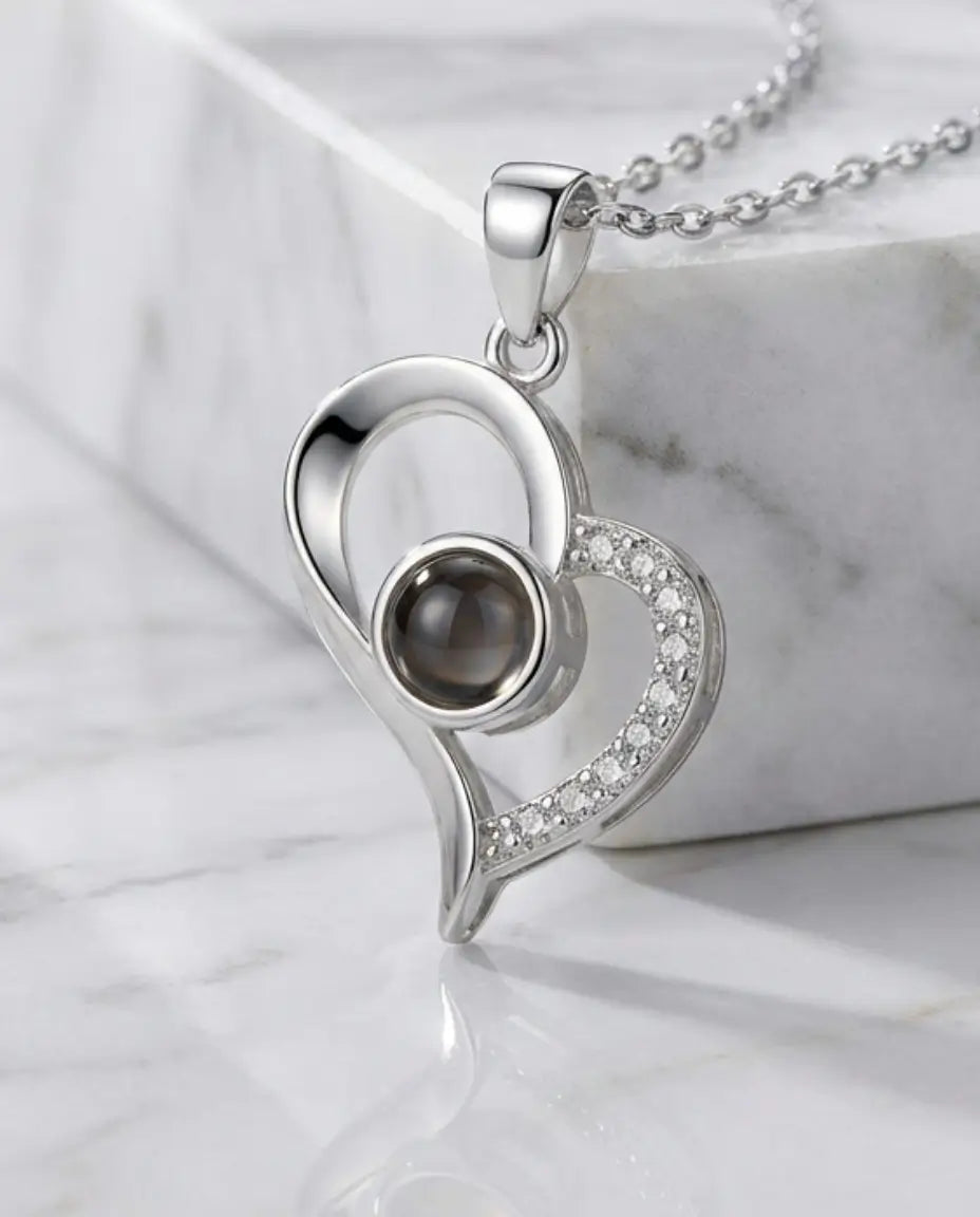 Collier Photo – Pendentif Cœur avec Photo Cachée dans la Pierre, Finition Argentée ou Or Rose, Cadeau pour Elle, Anniversaire