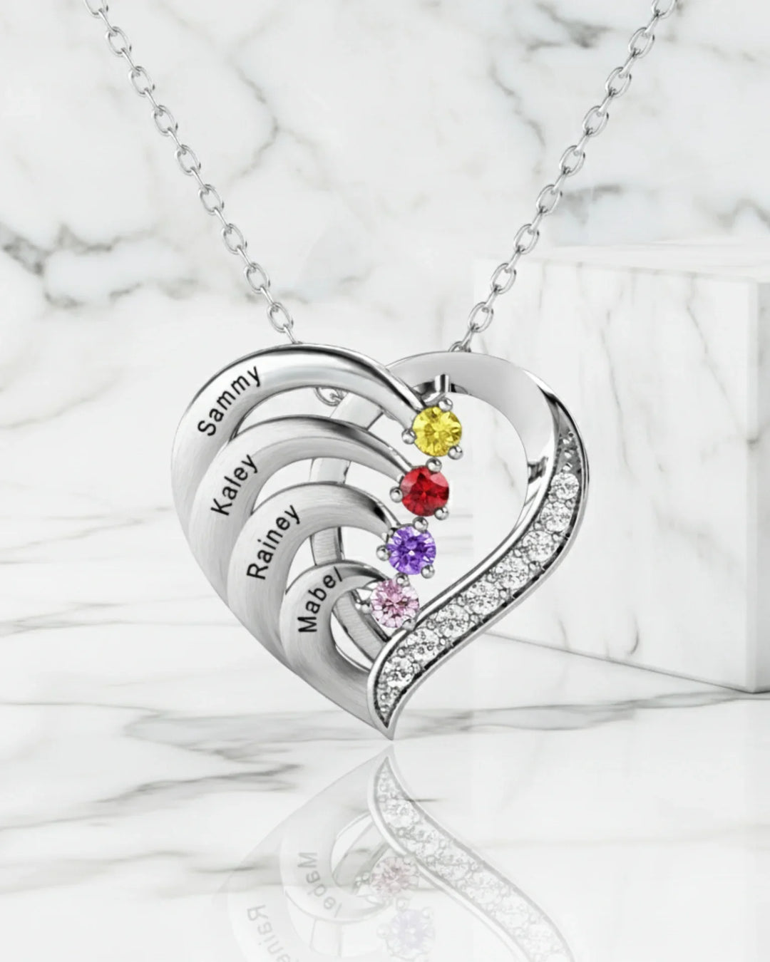 Collier Pierre de Naissance – Cœur Gravé en Argent 925 avec 4 Prénoms et 4 Pierres, Cadeau pour Maman