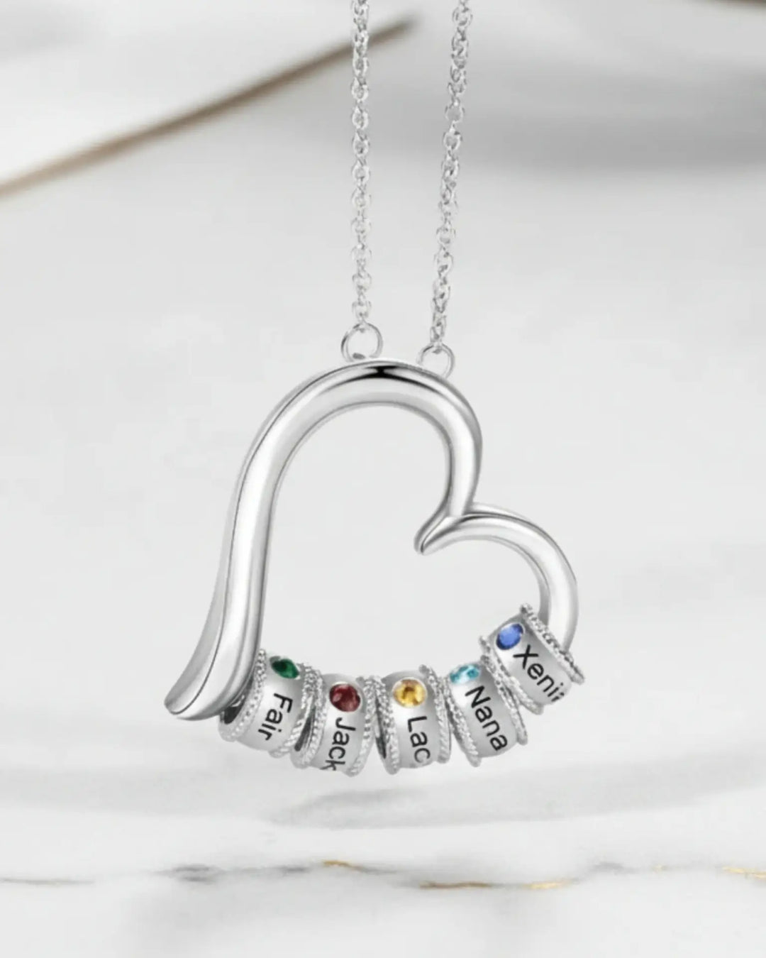 Collier Pierre de Naissance – Cœur Ouvert en Argent Sterling, jusqu'à 7 Prénoms et Pierres, Cadeau pour Maman ou Mamie