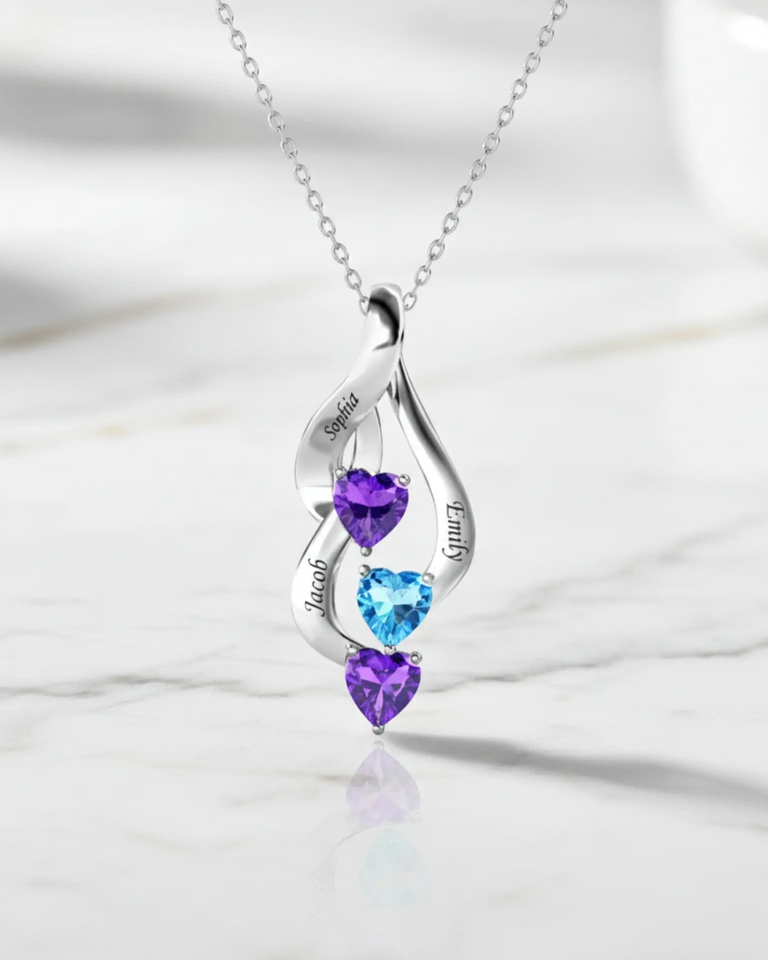 Collier Pierre de Naissance – Argent Sterling 925 avec 3 Cœurs et 3 Prénoms Gravés, cadeau pour maman, fête des Mères