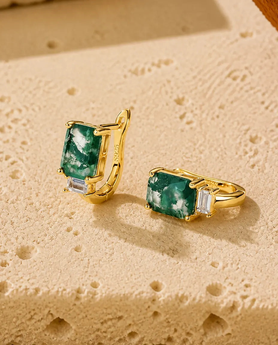 Créoles agate mousse - Taille émeraude 6 x 8 mm avec zircon baguette, argent 925 plaqué or 10K, cadeau pour elle