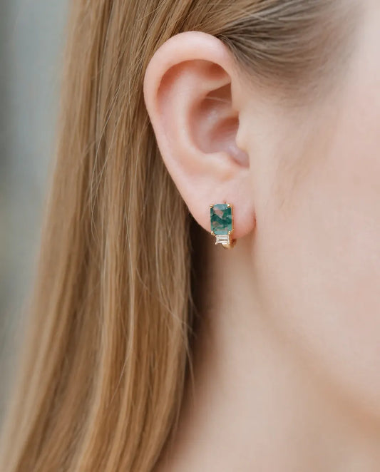Créoles agate mousse - Taille émeraude 6 x 8 mm avec zircon baguette, argent 925 plaqué or 10K, cadeau pour elle