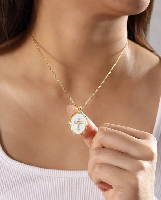Médaillon croix personnalisé avec 2 photos – émail blanc, noir ou rouge, doré, cadeau baptême & communion