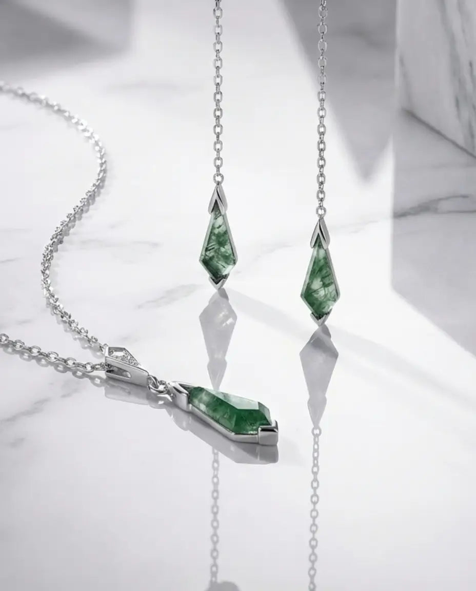 Parure Agate Mousse – Collier et Boucles d'Oreilles Pendantes Cerf-Volant, Argent 925 Finition Platine, Cadeau pour Elle