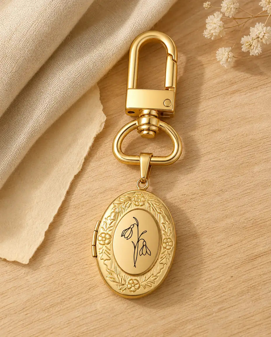 Porte-clés personnalisé avec médaillon doré et fleur de naissance gravée