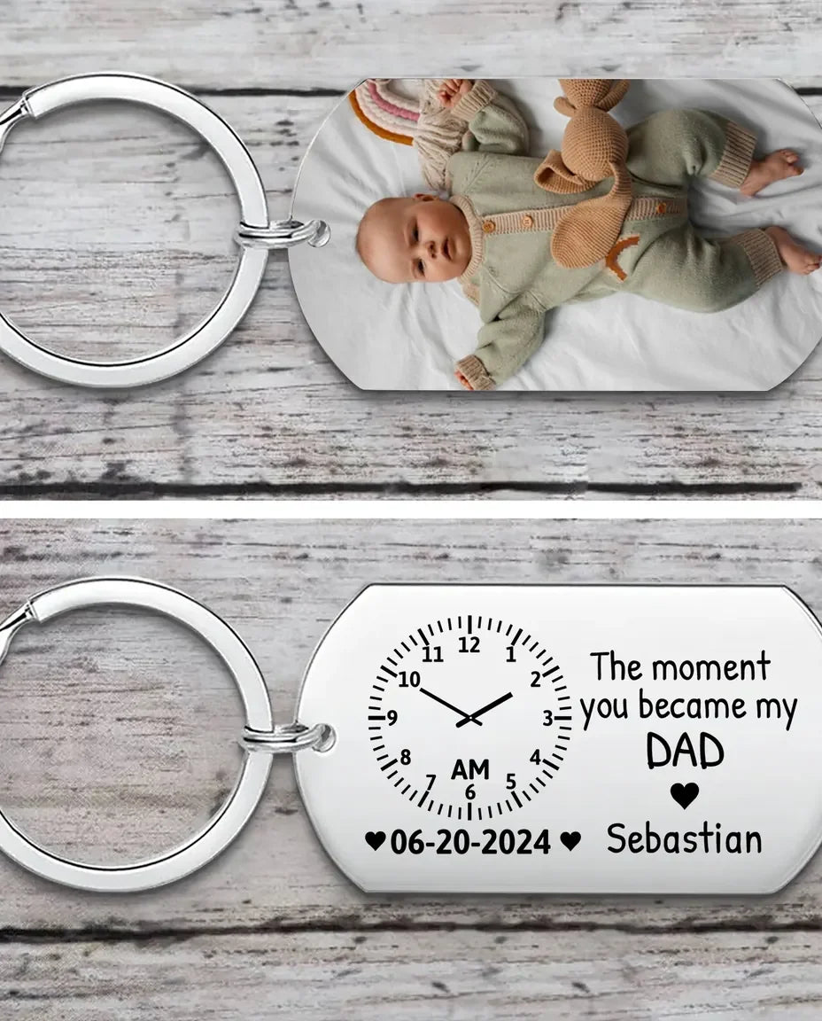 Porte-clés en acier avec photo de bébé sur la face avant