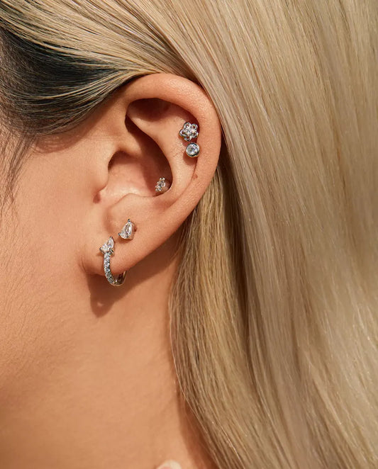 Puces d’Oreilles Moissanite Serti Clos en Argent 925 - portée à l’oreille, gros plan