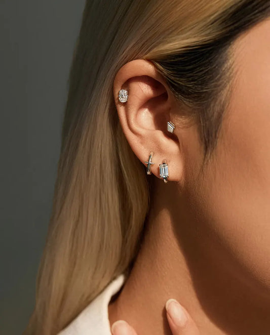 Puces d’Oreilles Moissanite Taille Radiant en Argent 925 - portée à l’oreille, gros plan