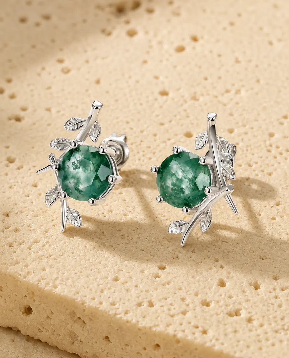 Boucles d'oreilles agate mousse - Ronde de 8 mm avec brindille feuillue en argent, argent 925, cadeau pour elle
