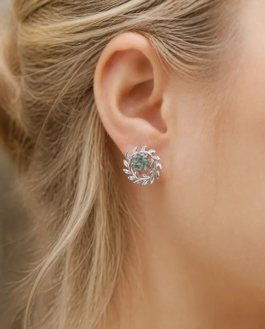 Puces d'oreilles agate mousse - Agate mousse ronde dans une couronne de laurier en argent, argent 925, cadeau pour elle