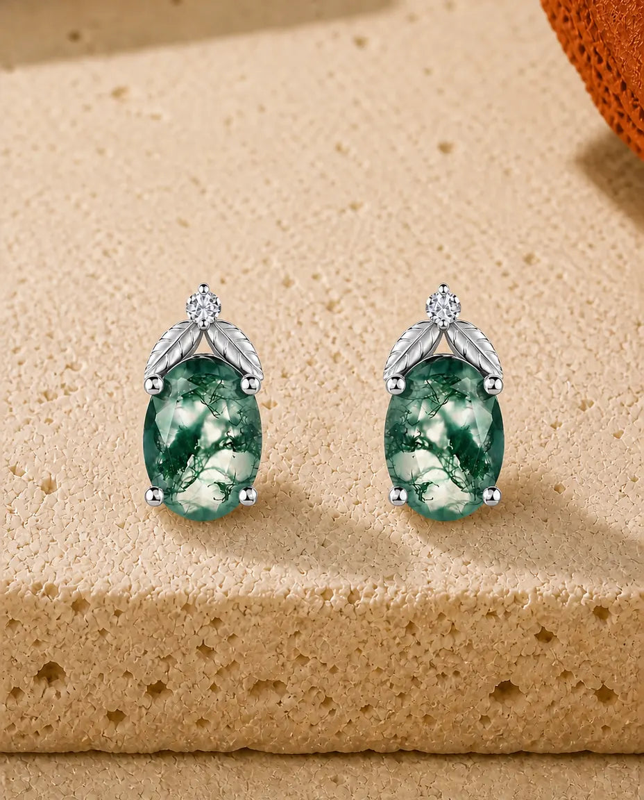 Puces d'oreilles agate mousse - Ovale d'agate mousse sous deux feuilles d'argent et un zircon, argent 925, cadeau pour elle