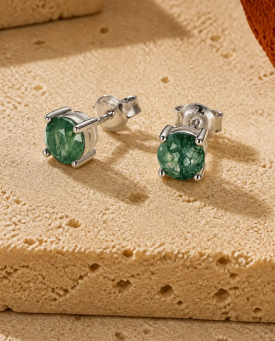 Boucles d'oreilles agate mousse - Solitaire rond de 6 mm à quatre griffes, argent sterling 925, cadeau pour elle