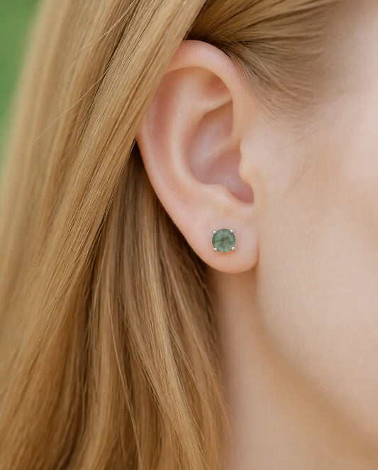 Boucles d'oreilles agate mousse - Solitaire rond de 6 mm à quatre griffes, argent sterling 925, cadeau pour elle