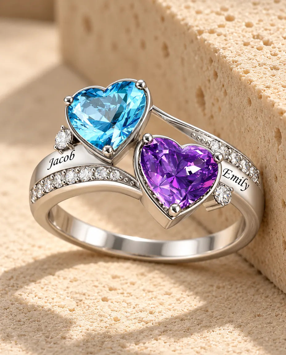 Bague pierre de naissance personnalisée 2 prénoms - bague deux cœurs décalés en argent 925 - en argent sterling