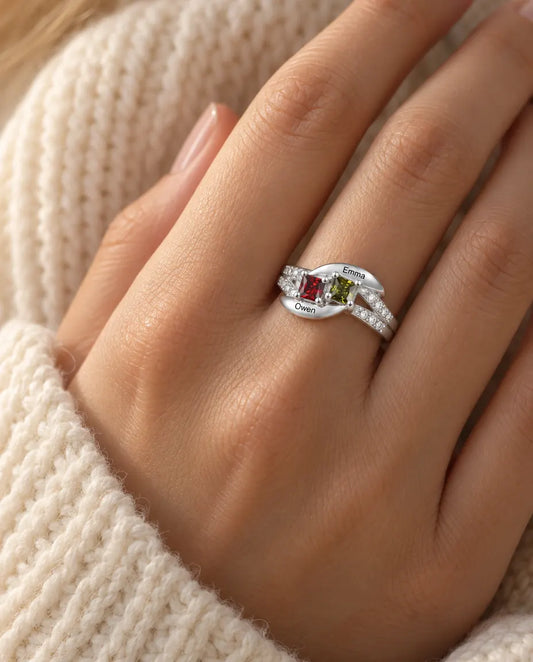 Bague personnalisée 2 prénoms et 2 pierres de naissance - Argent 925 pour couple ou maman avec gravure
