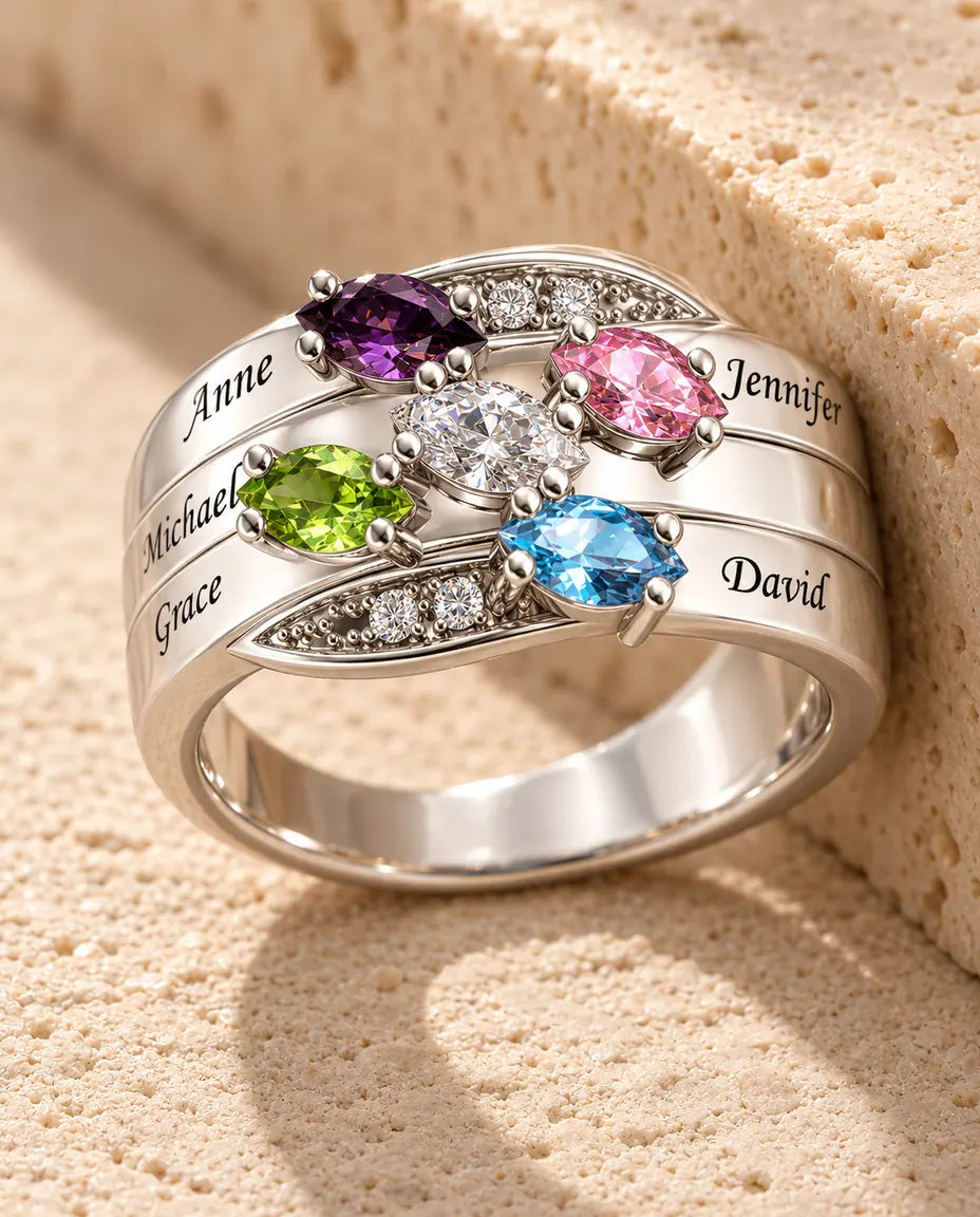 Bague pierre de naissance personnalisée 5 prénoms - bague de famille trois anneaux en argent 925 - en argent sterling