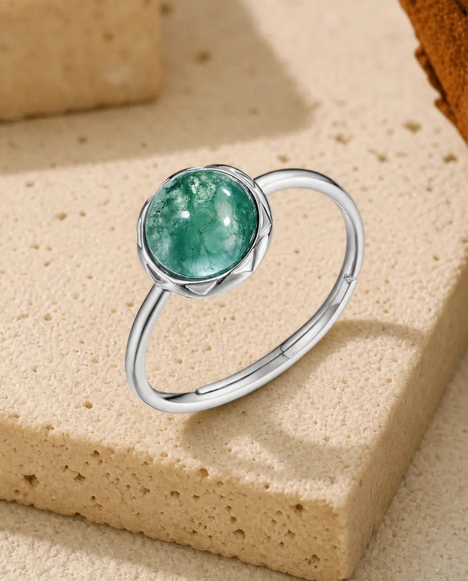 Bague Agate Mousse – Cabochon Rond Serti Clos Pétales, Anneau Ouvert Ajustable, Argent 925, Cadeau pour Elle