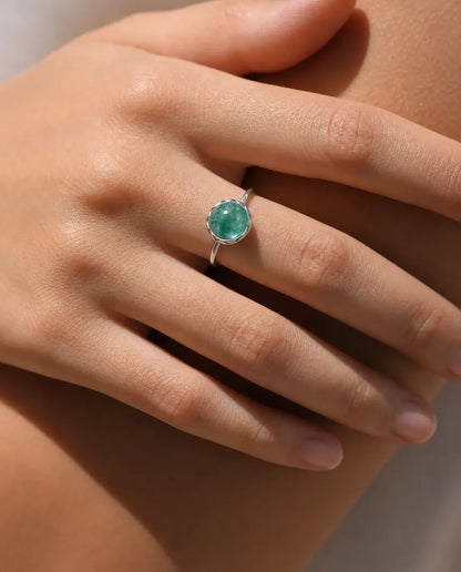 Bague Agate Mousse – Cabochon Rond Serti Clos Pétales, Anneau Ouvert Ajustable, Argent 925, Cadeau pour Elle