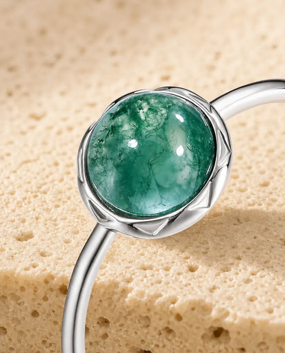 Bague Agate Mousse – Cabochon Rond Serti Clos Pétales, Anneau Ouvert Ajustable, Argent 925, Cadeau pour Elle