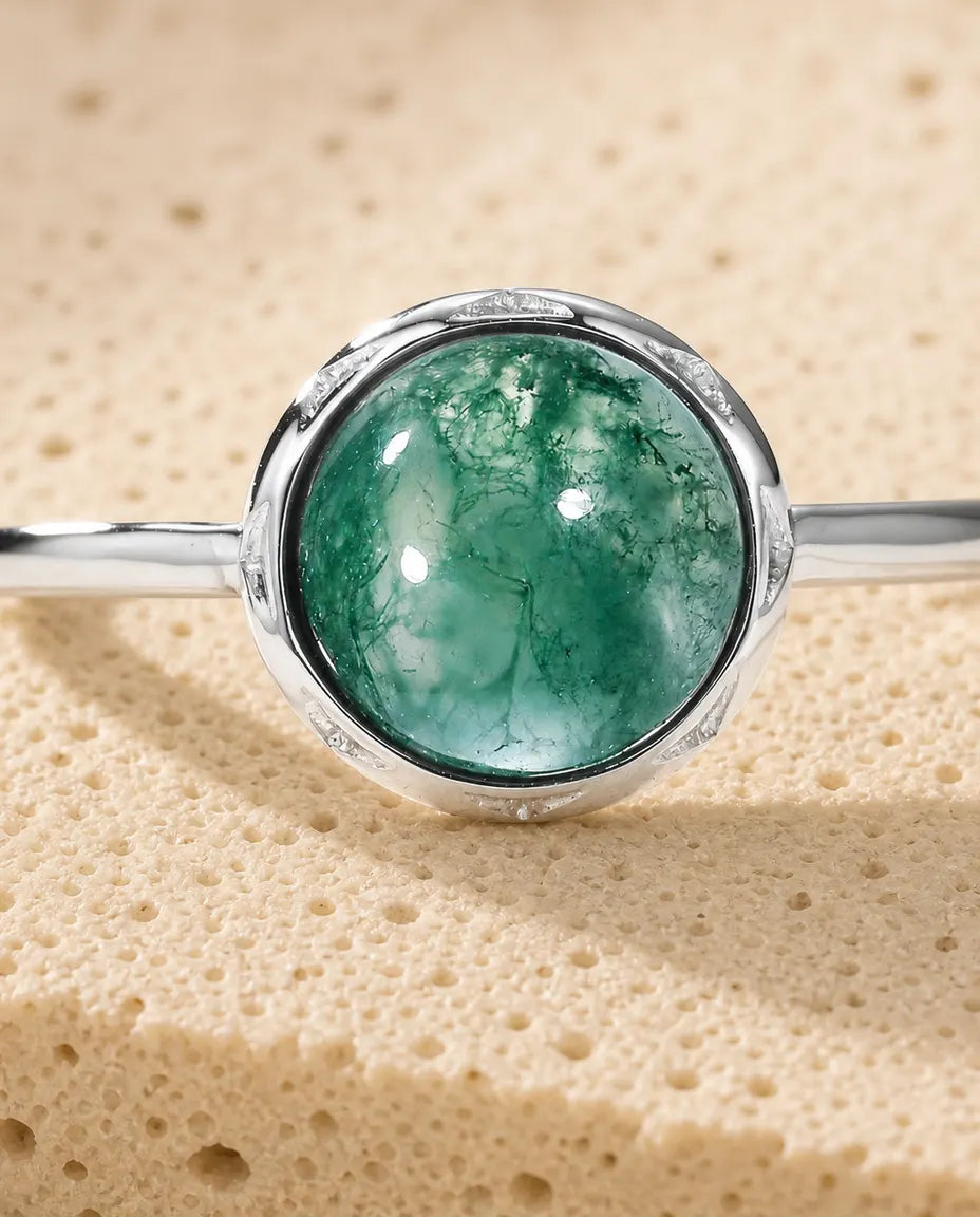 Bague Agate Mousse – Cabochon Rond Serti Clos Pétales, Anneau Ouvert Ajustable, Argent 925, Cadeau pour Elle