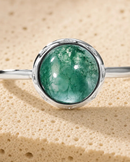 Bague Agate Mousse – Cabochon Rond Serti Clos Pétales, Anneau Ouvert Ajustable, Argent 925, Cadeau pour Elle
