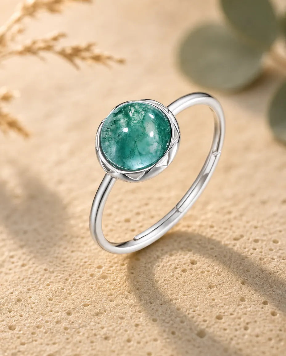 Bague Agate Mousse – Cabochon Rond Serti Clos Pétales, Anneau Ouvert Ajustable, Argent 925, Cadeau pour Elle