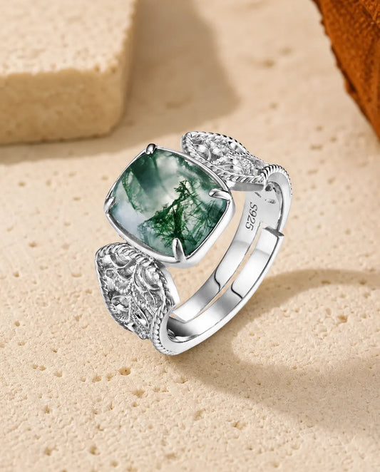 Bague Agate Mousse – Grand Cabochon Coussin et Anneau Filigrane Sculpté, Argent 925, Bague Cocktail Ajustable pour Elle