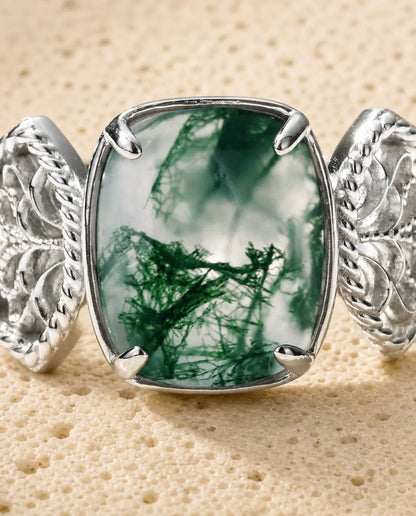 Bague Agate Mousse – Grand Cabochon Coussin et Anneau Filigrane Sculpté, Argent 925, Bague Cocktail Ajustable pour Elle