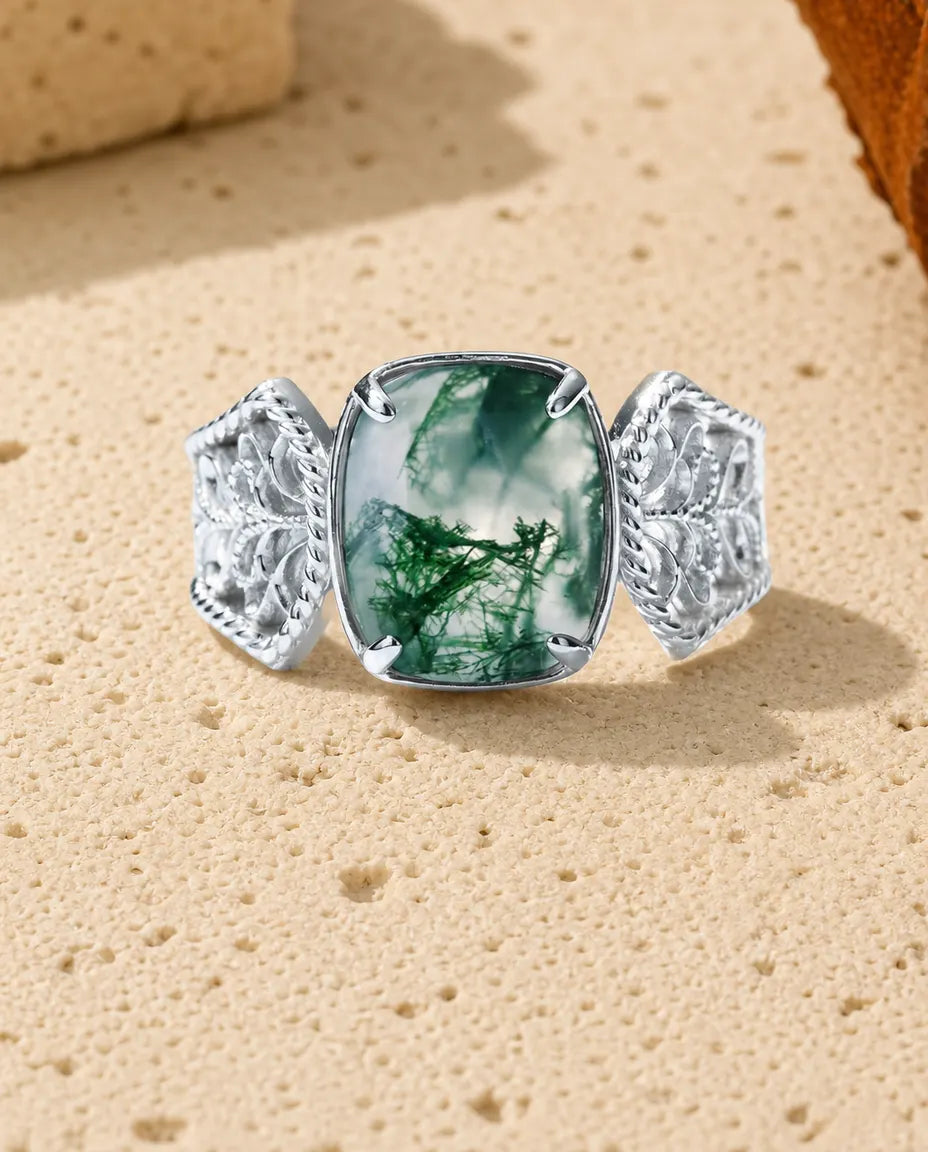 Bague Agate Mousse – Grand Cabochon Coussin et Anneau Filigrane Sculpté, Argent 925, Bague Cocktail Ajustable pour Elle