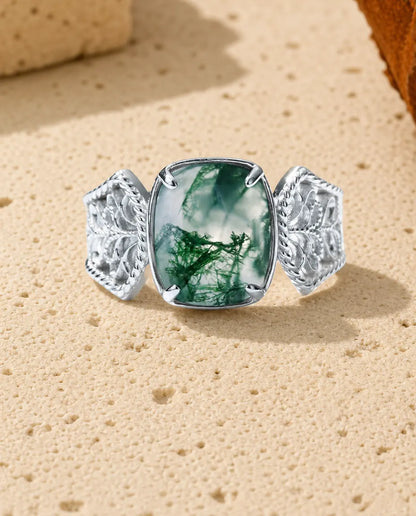 Bague Agate Mousse – Grand Cabochon Coussin et Anneau Filigrane Sculpté, Argent 925, Bague Cocktail Ajustable pour Elle