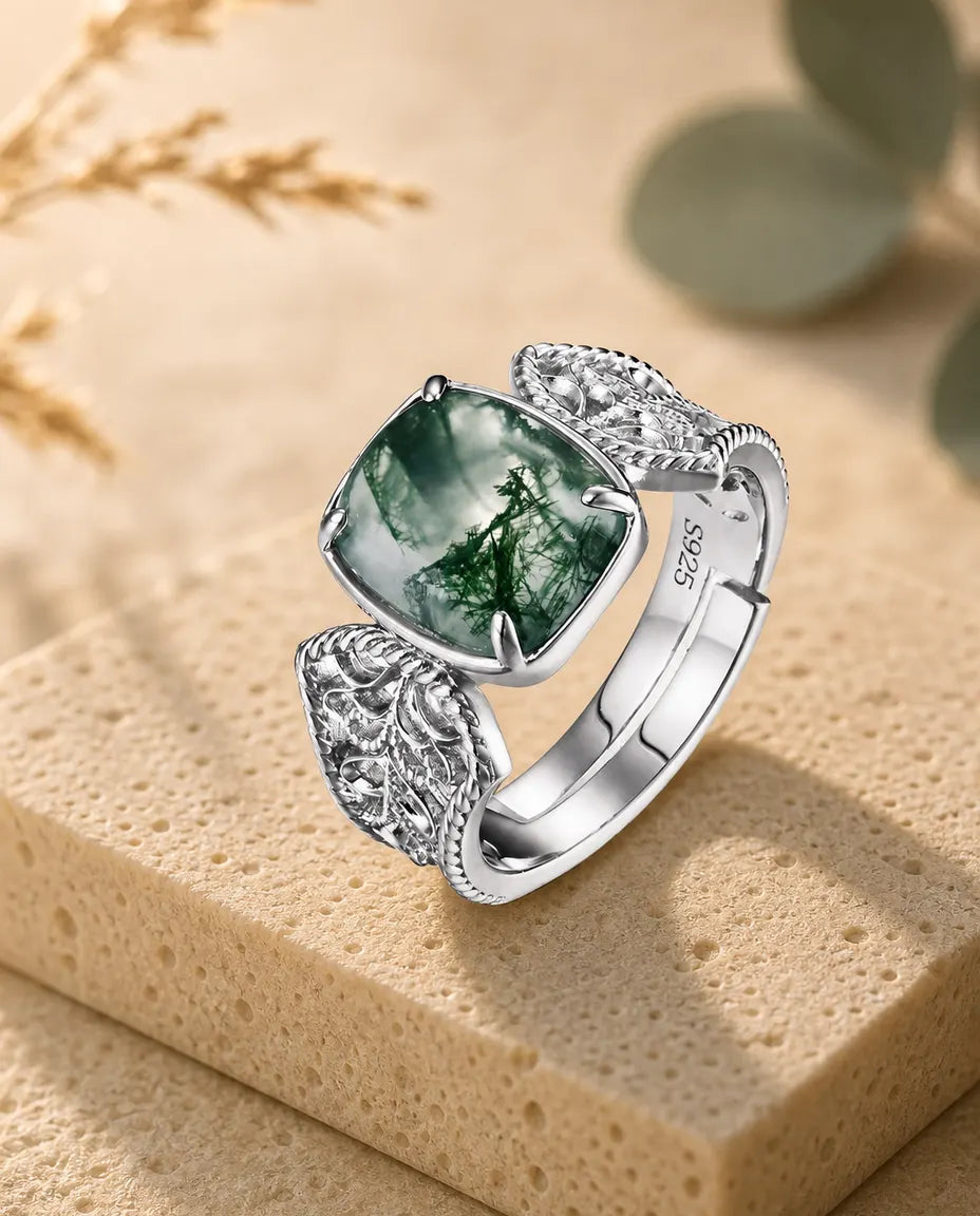 Bague Agate Mousse – Grand Cabochon Coussin et Anneau Filigrane Sculpté, Argent 925, Bague Cocktail Ajustable pour Elle