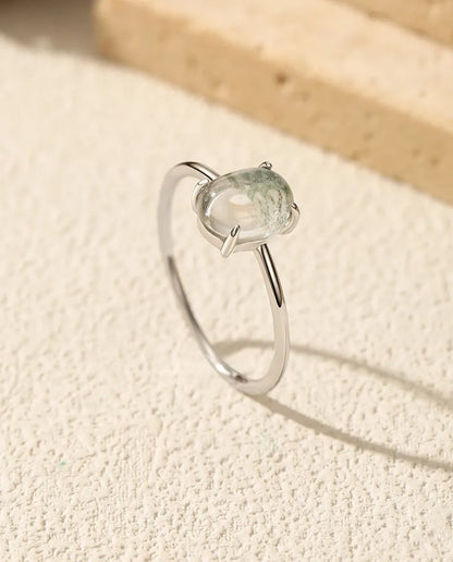 Bague Agate Mousse – Solitaire cabochon ovale, pierre verte naturelle, anneau fin empilable en argent 925, cadeau pour Elle