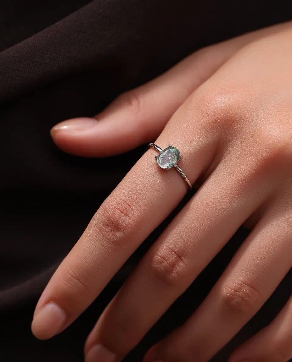 Bague Agate Mousse – Solitaire cabochon ovale, pierre verte naturelle, anneau fin empilable en argent 925, cadeau pour Elle