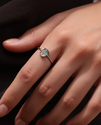Bague Agate Mousse – Solitaire cabochon ovale, pierre verte naturelle, anneau fin empilable en argent 925, cadeau pour Elle