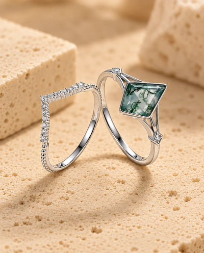 Bague Agate Mousse - les deux bagues du duo côte à côte