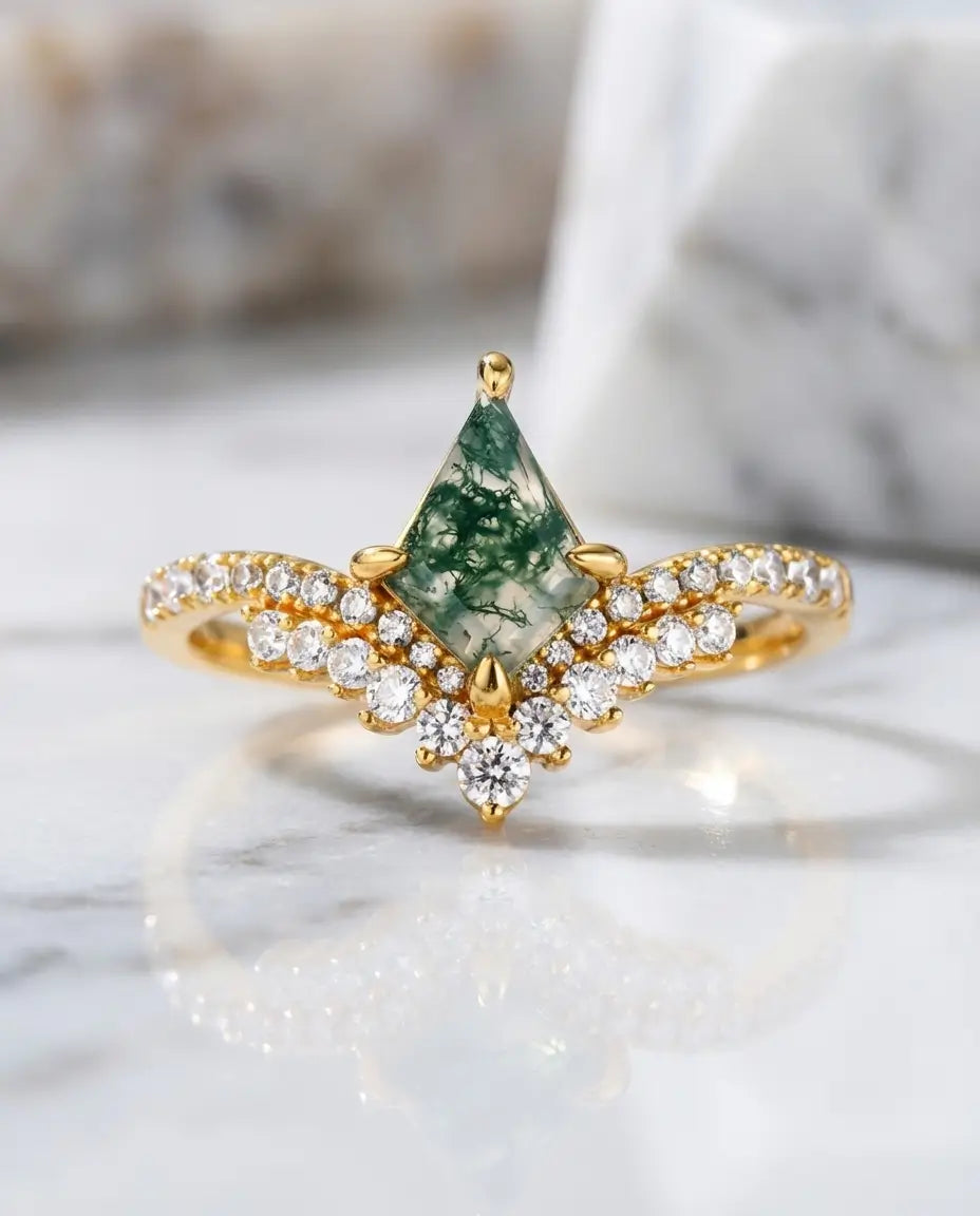 Bague Agate Mousse – Taille Cerf-Volant Art Déco, Argent 925 et Vermeil Or, Cadeau pour Elle
