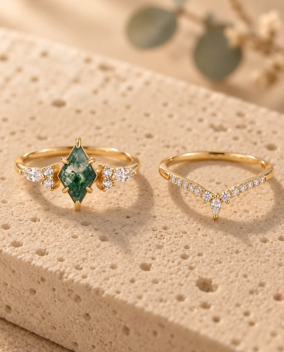 Bague Agate Mousse - les deux bagues du duo côte à côte