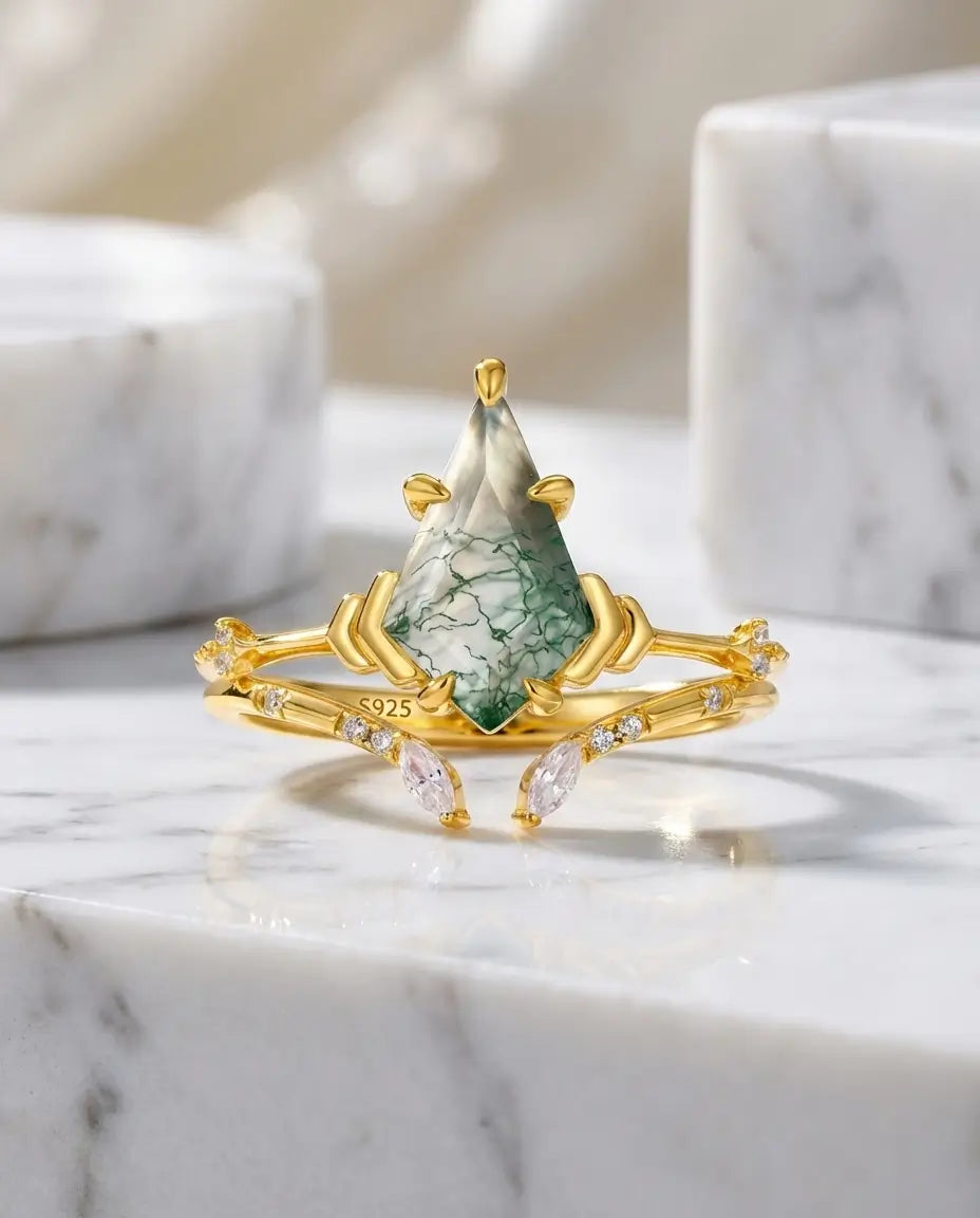 Bague Agate Mousse – Duo Plaqué Or Taille Cerf-Volant avec Anneau Ouvert Ajustable, cadeau pour Elle