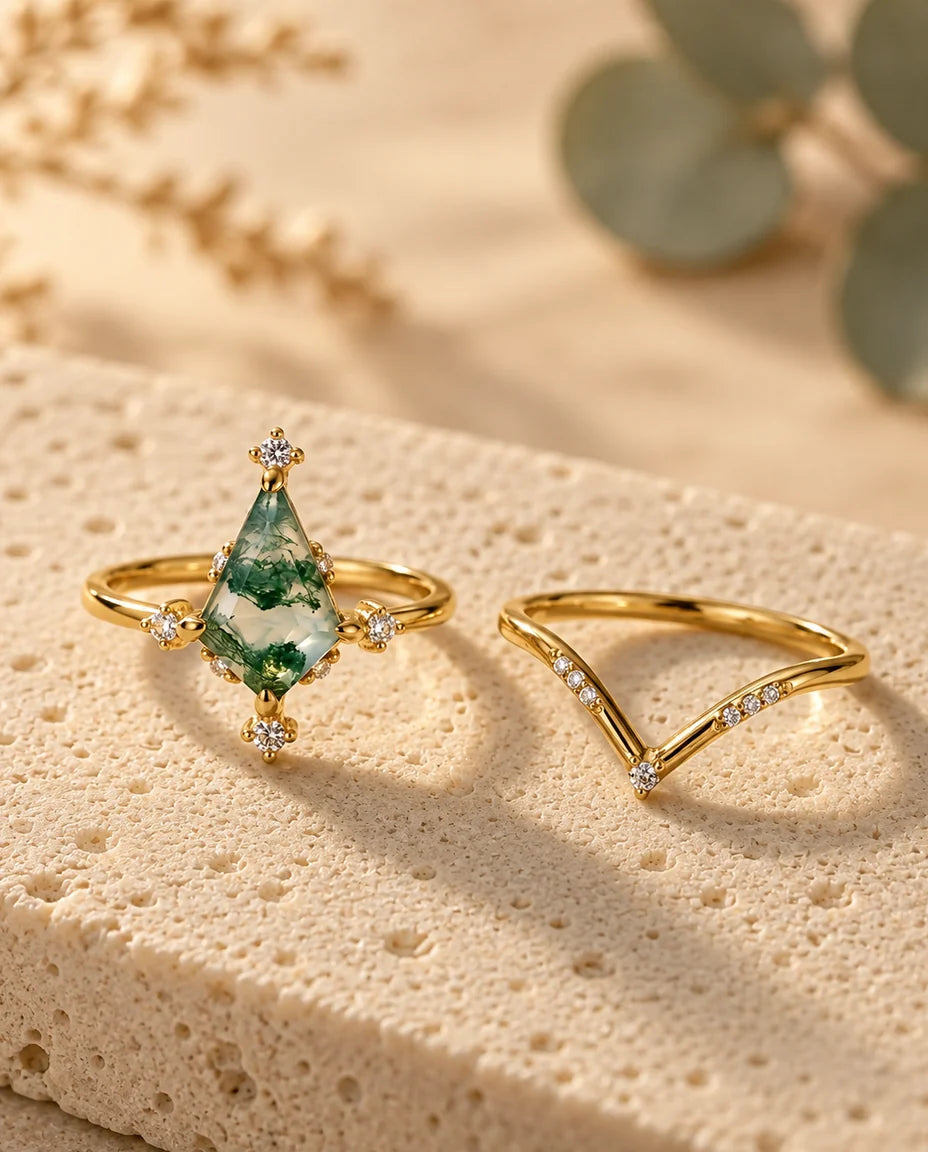 Bague Agate Mousse - les deux bagues du duo côte à côte