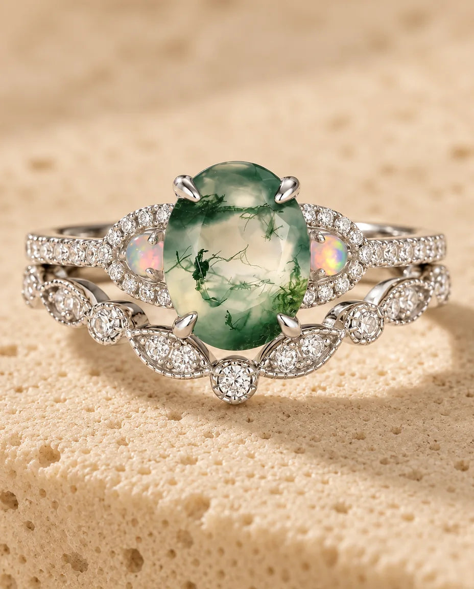 Bague Agate Mousse - gros plan du duo de bagues
