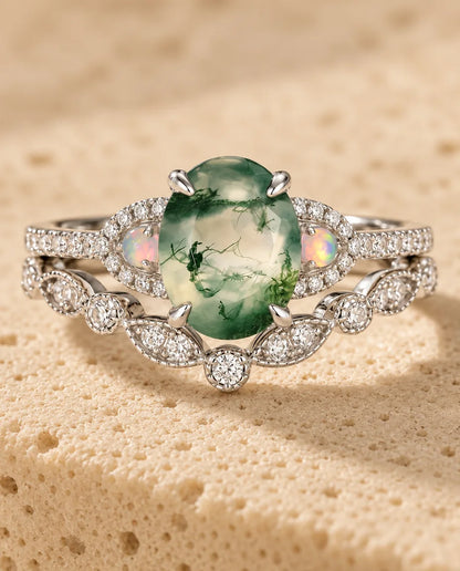 Bague Agate Mousse - gros plan du duo de bagues