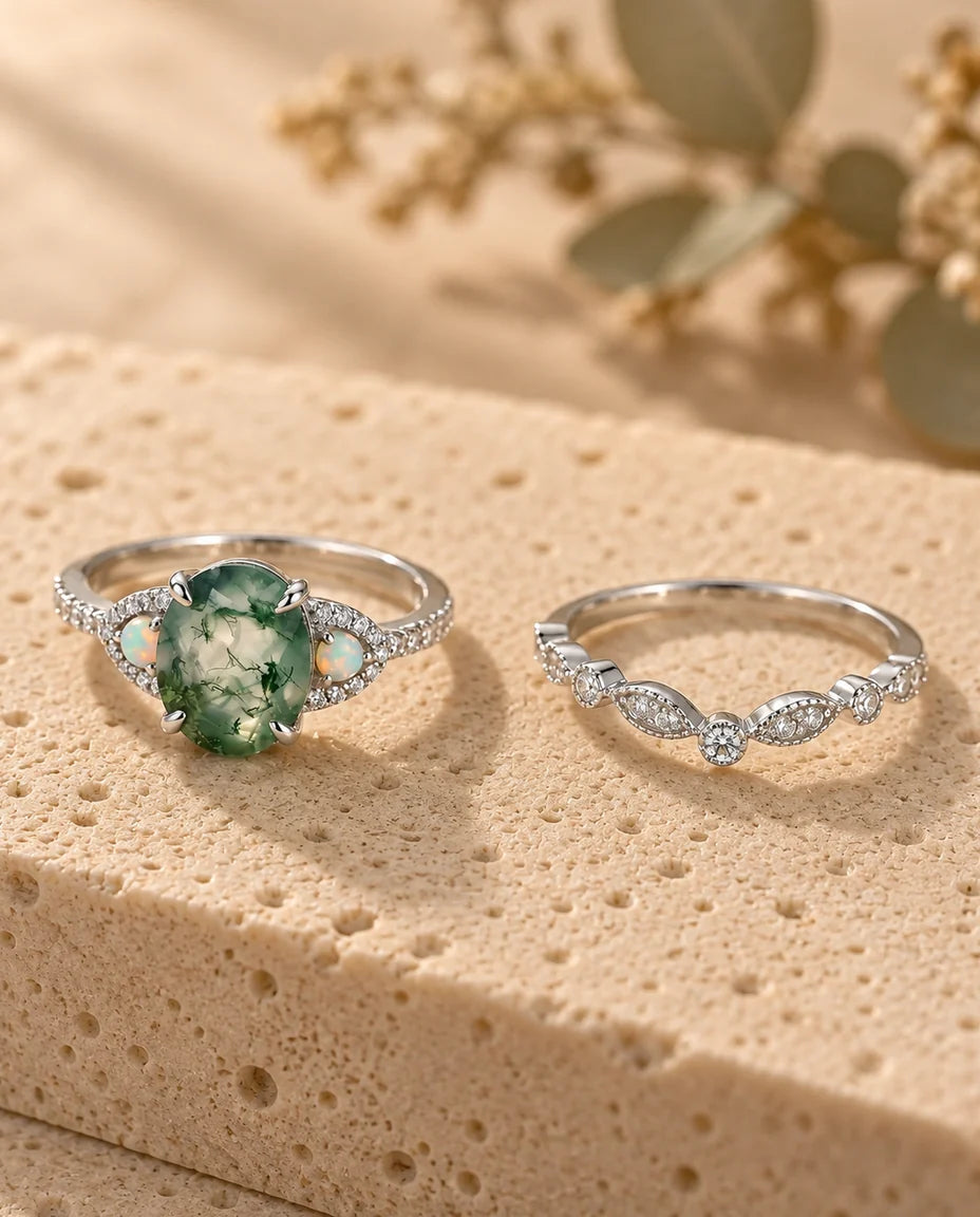 Bague Agate Mousse - les deux bagues du duo côte à côte