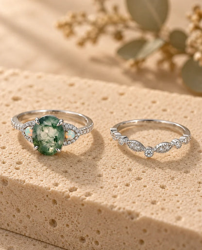 Bague Agate Mousse - les deux bagues du duo côte à côte